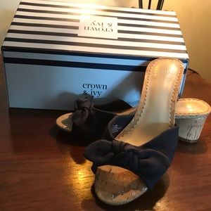 NWT-BOX- CROWN & IVY DENIM NAVY BOW CORK MULES